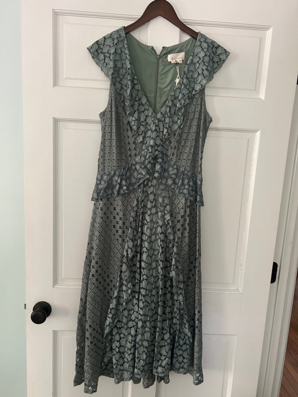 Anthropologie Sage Green Lace Ruffle Midi Dress with V-Neck -NWT